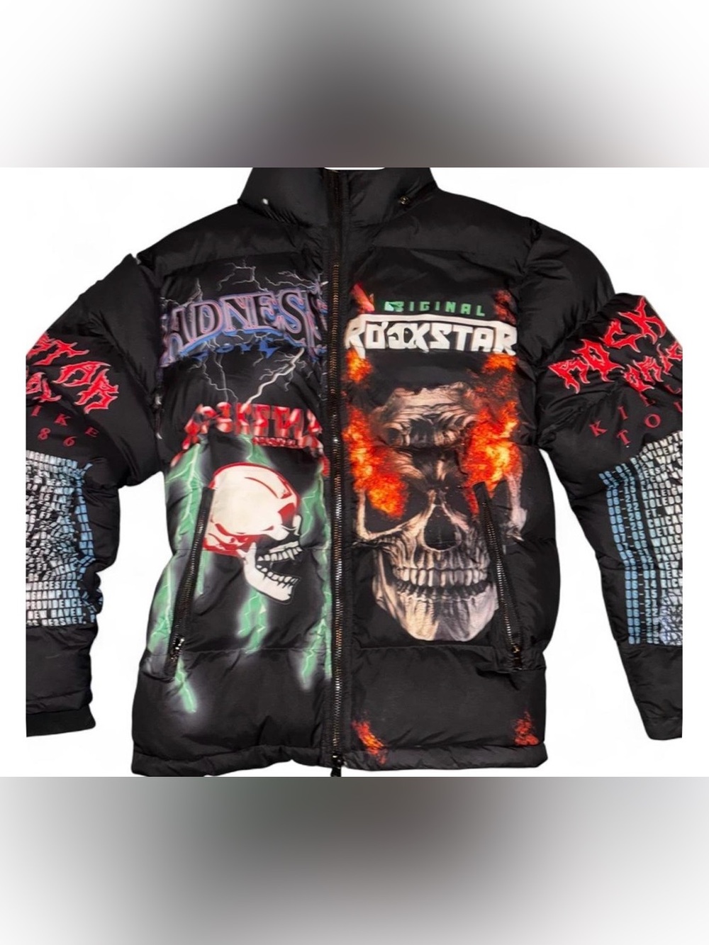 Rockstar Graphic Black Puffer Jacket with Flaming Skull Print